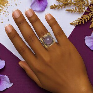 🆕️Handmade Turkish Gold-Plated Wide Ring with Pink Cat’s Eye & Hematite Accents